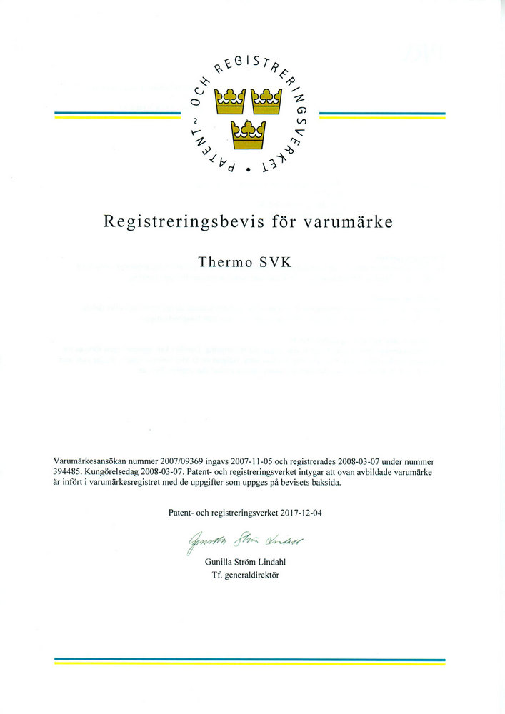 Регистрация торгового знака Thermo SVK в Швеции