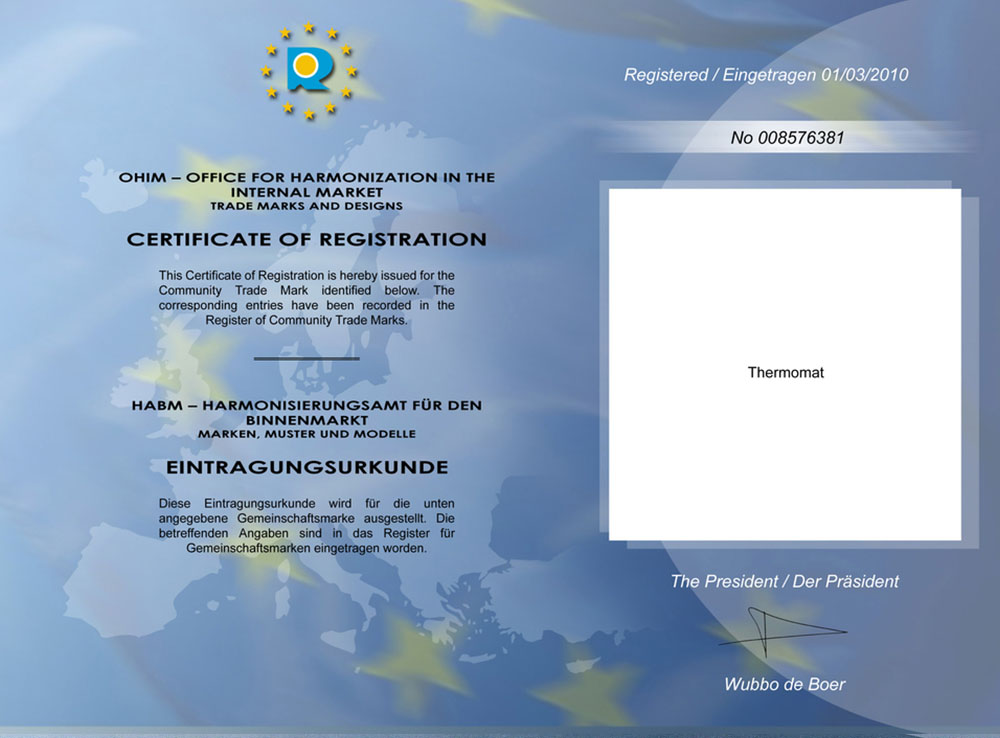 Европейская регистрация товарного знака Thermomat