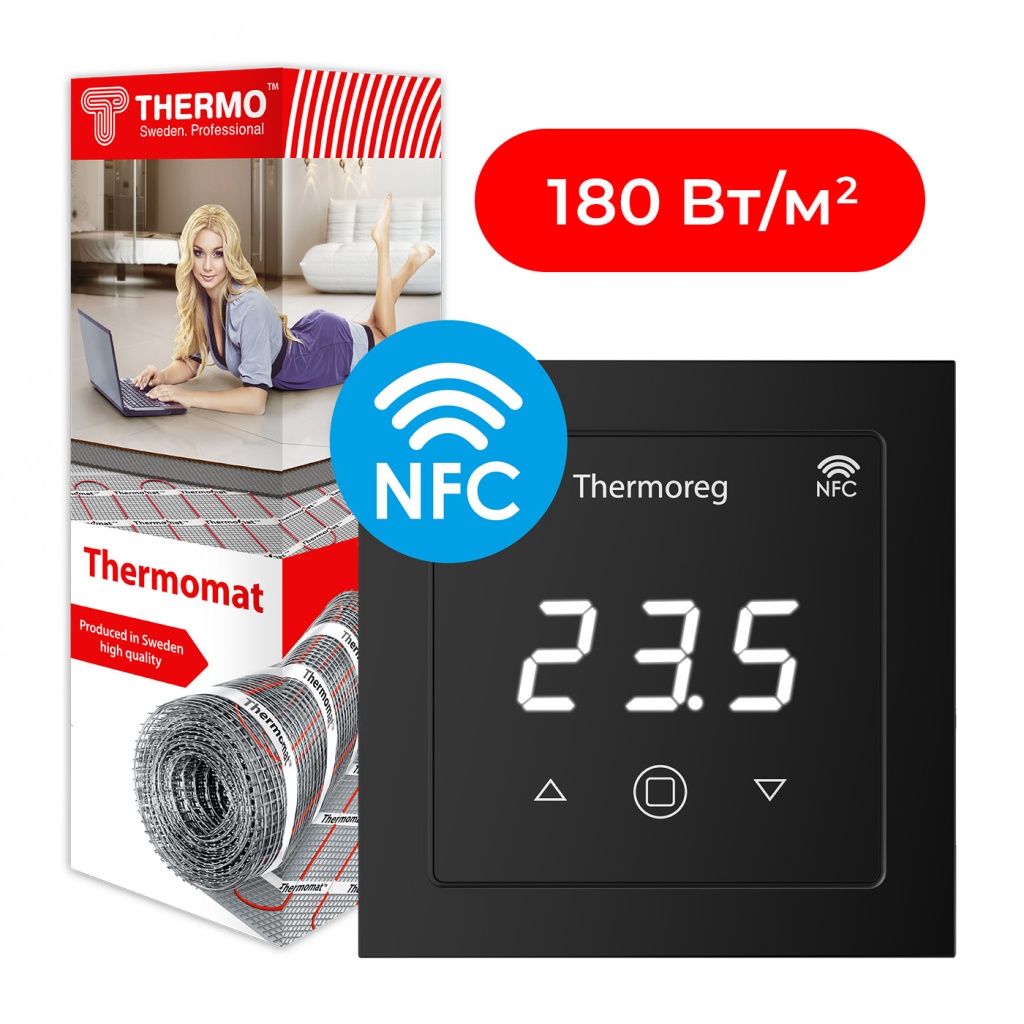 Комплект нагревательный мат Thermomat 180 Вт/м² + терморегулятор Thermoreg TI-700 NFC Black