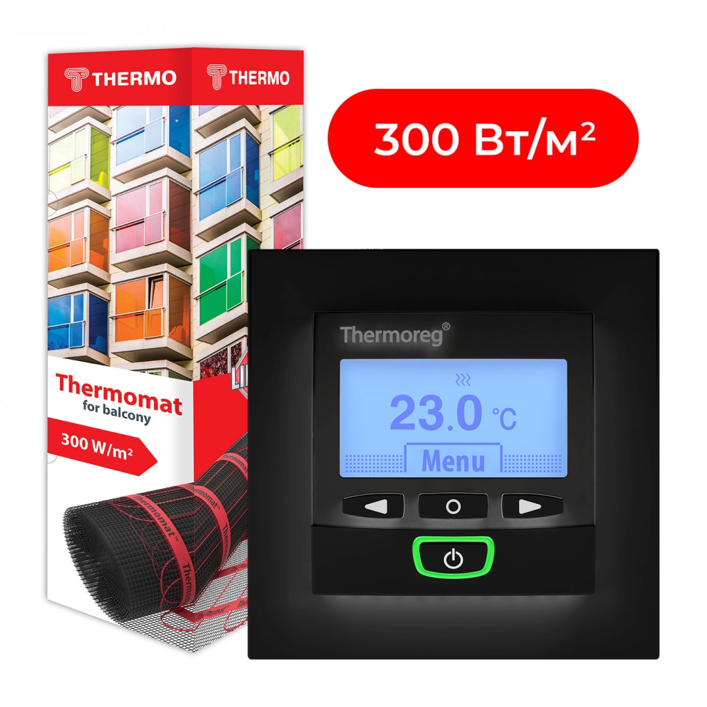 Комплект нагревательный мат для балконов и лоджий Thermomat BL 300 Вт/м² + терморегулятор Thermoreg TI-950 Design Black